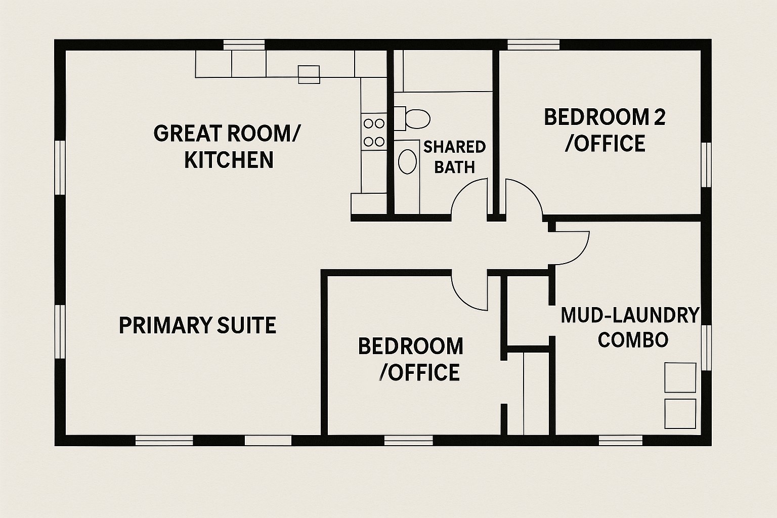 split-suite 2 bedroom barndominium floor plan