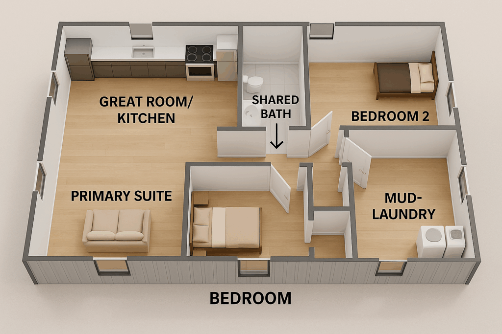 Labeled 3D floor plan of a two-bedroom barndominium layout