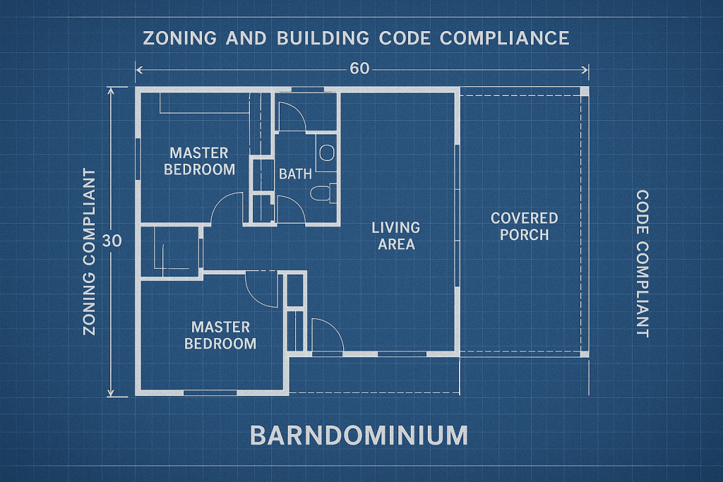 Architectural plans showing compliance with barndominium building codes.