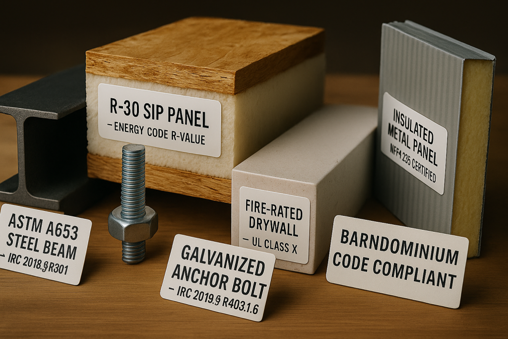 Construction materials approved under barndominium building codes.