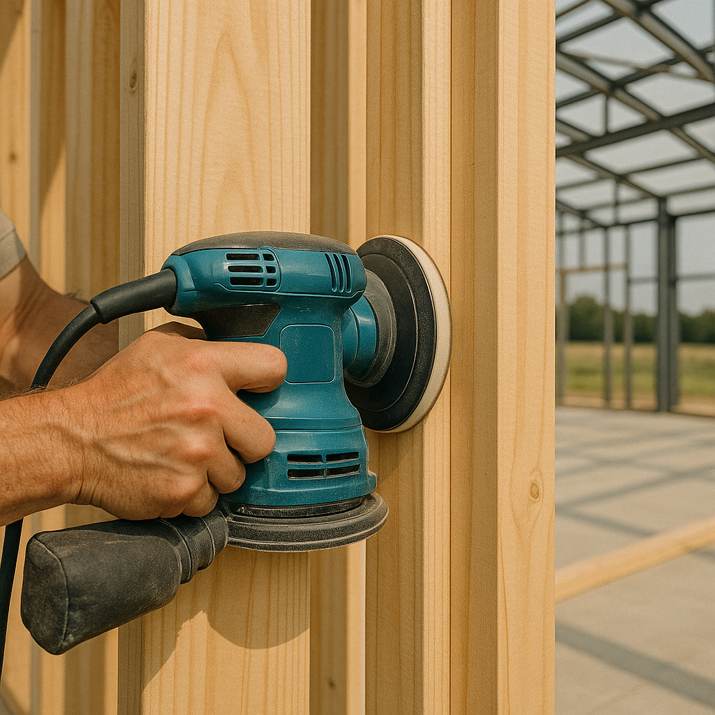 Sanding wood frame for smooth surface in barndominium