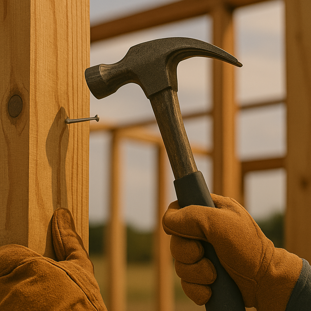 Using a hammer to secure nails in barndominium framing