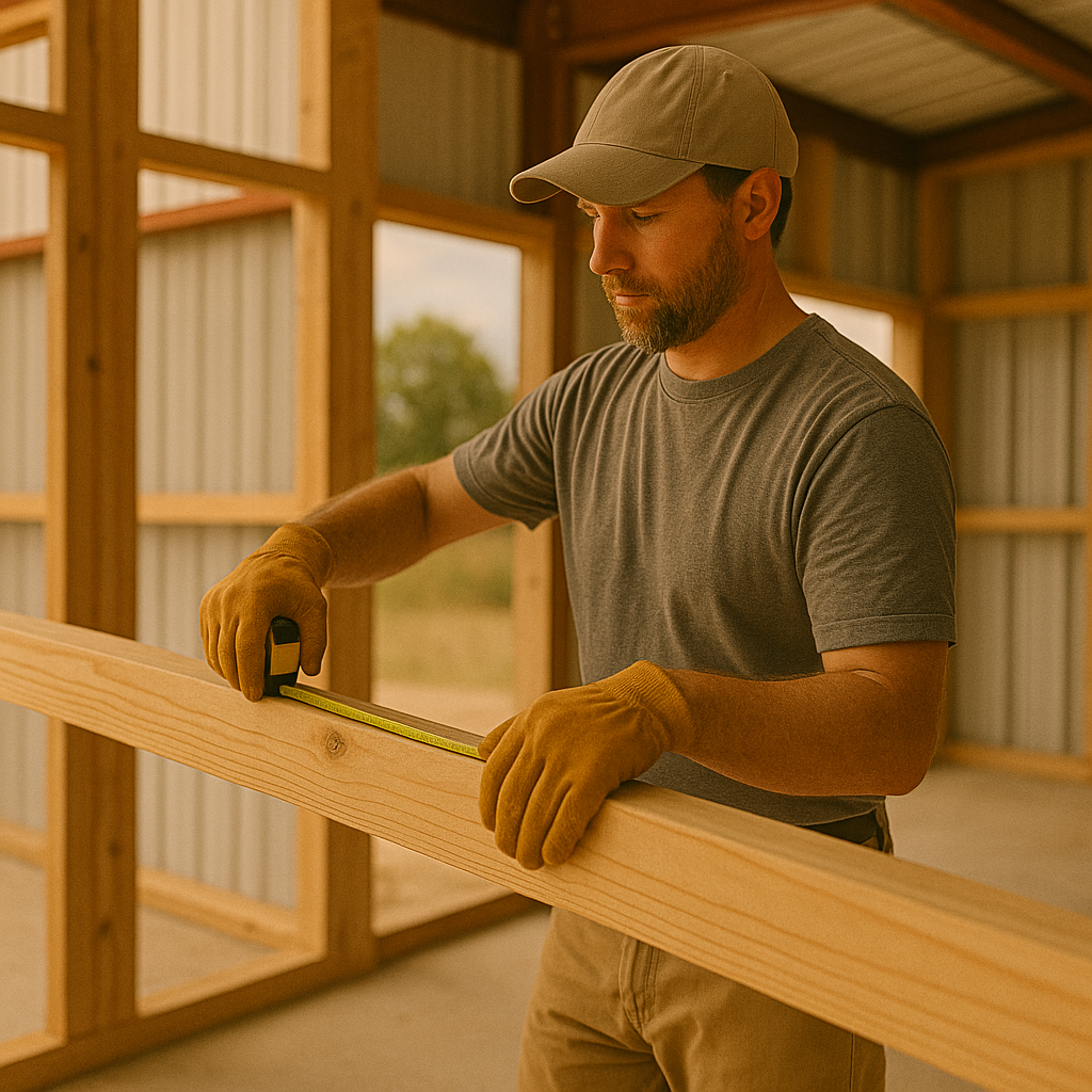 Carpenter measuring wood for barndominium framing