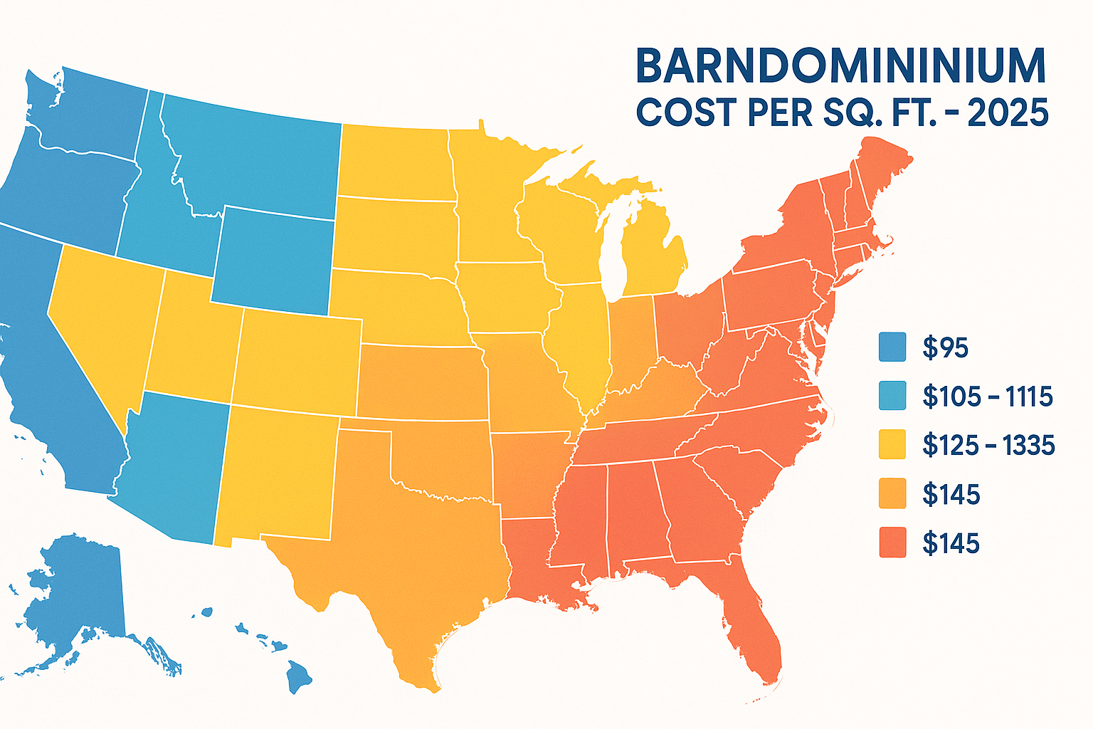 Barndominium 101 regional cost map showing 2025 price ranges
