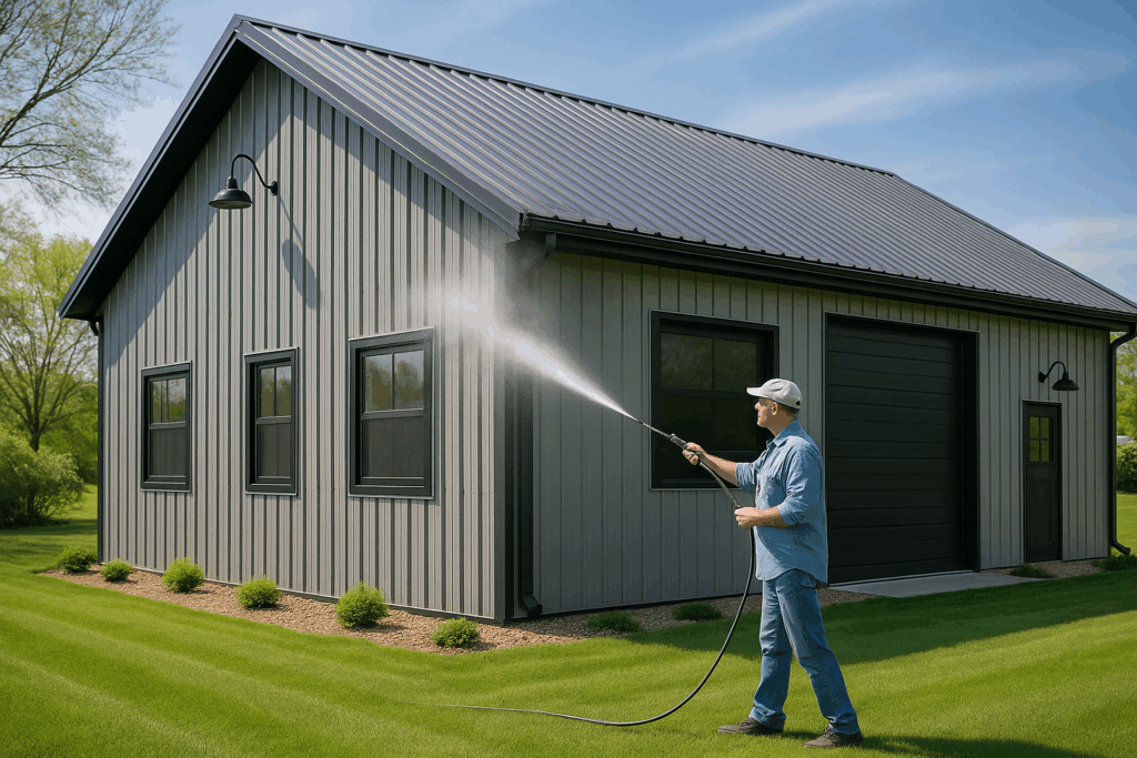 Homeowner pressure-washing metal siding on a barndominium as part of yearly maintenance