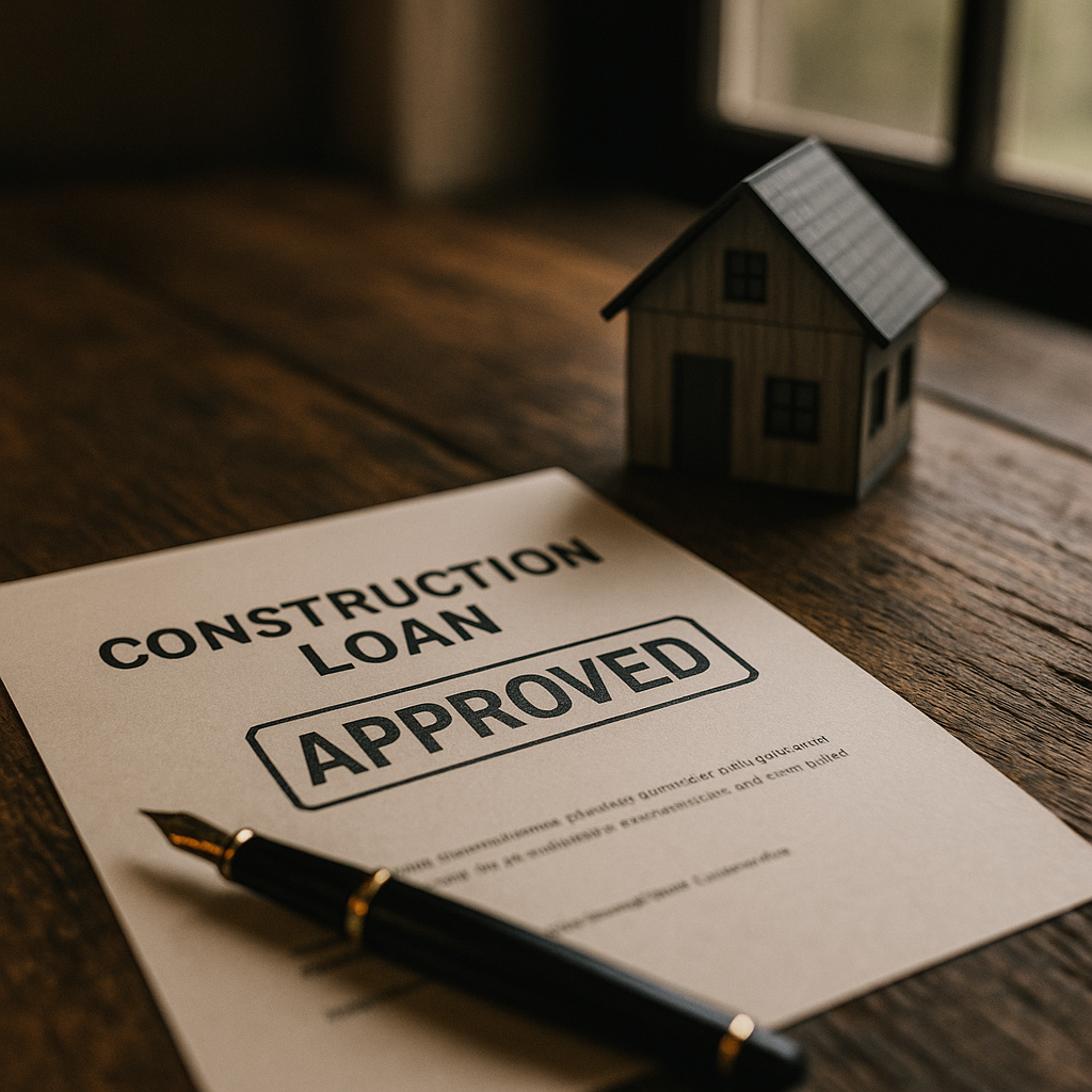construction-loan paperwork and barn-home model on lender’s desk