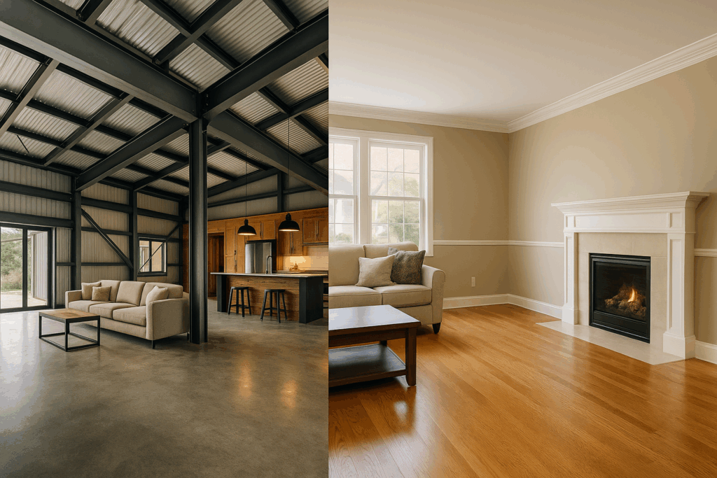 Interior vibe compared: open-plan barndominium vs cozy traditional living room