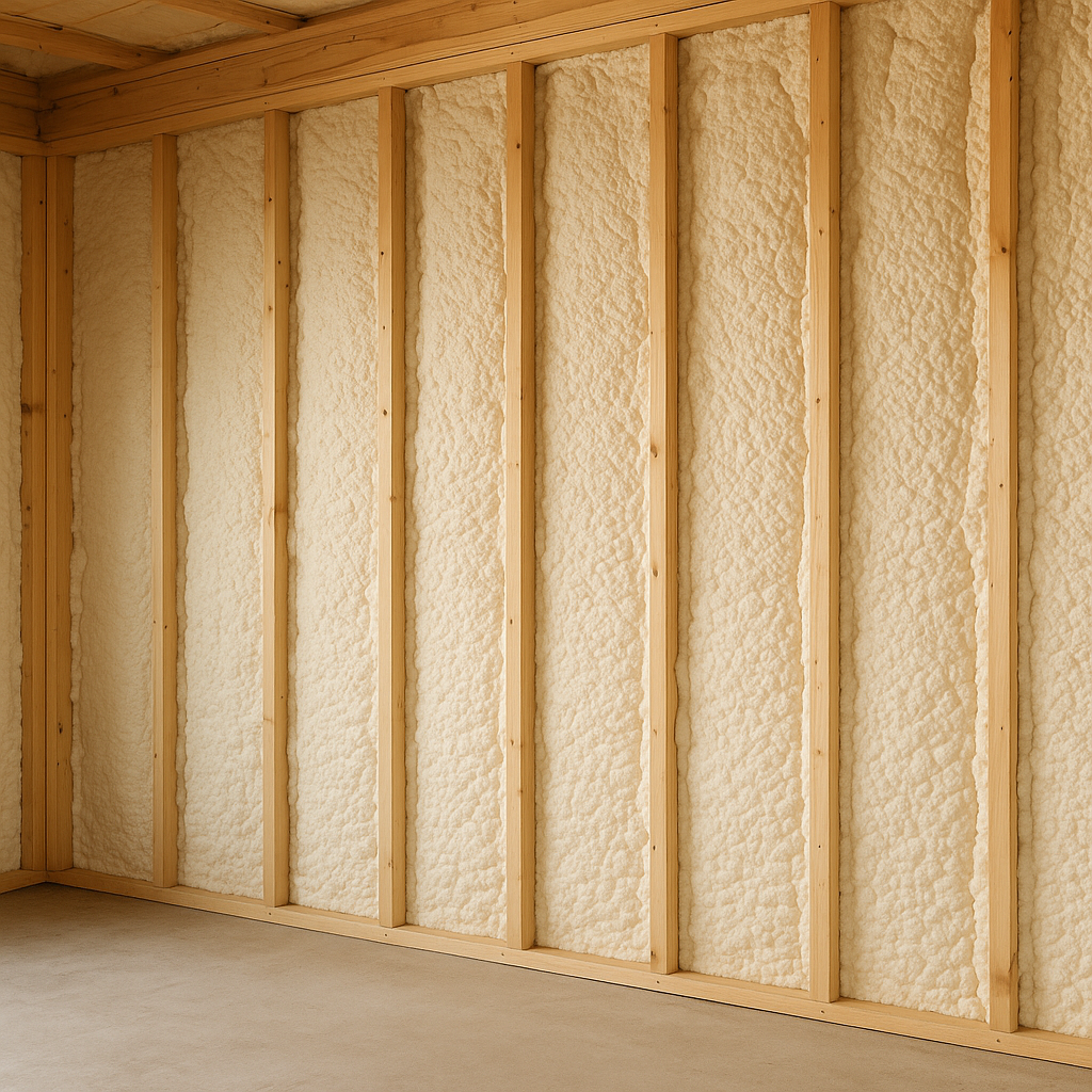 Wide-angle interior view of barndominium studs filled with closed-cell spray foam insulation, soft daylight, high detail, no people