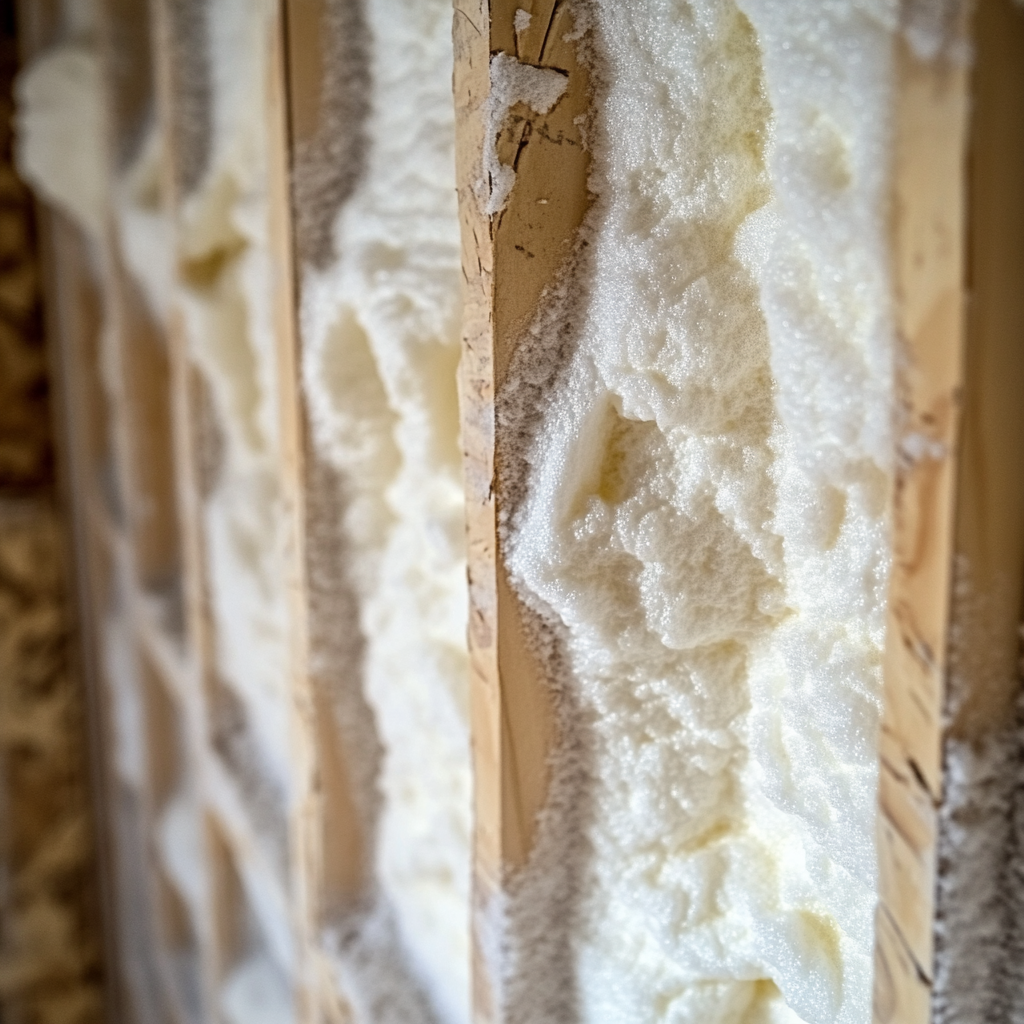 Close-up of closed-cell spray foam in metal framing