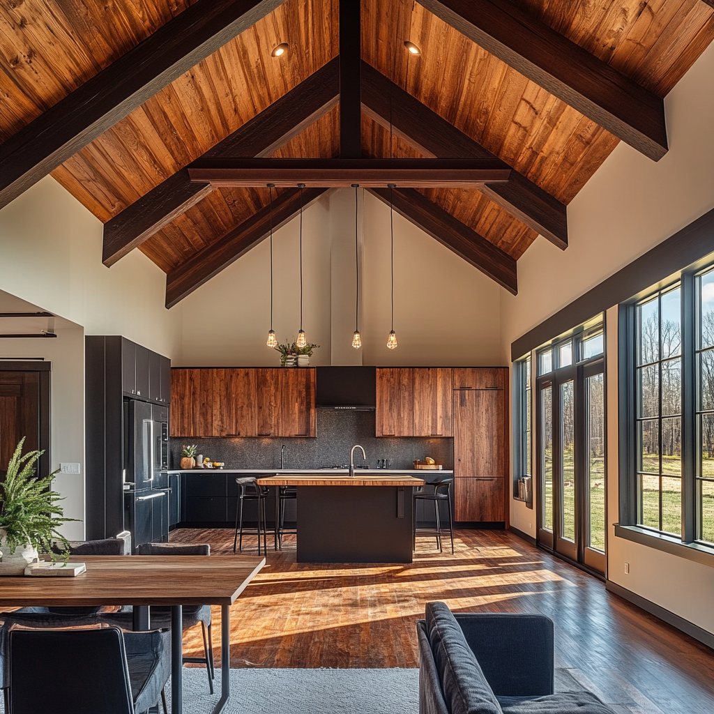 open-concept barndominium kitchen living space