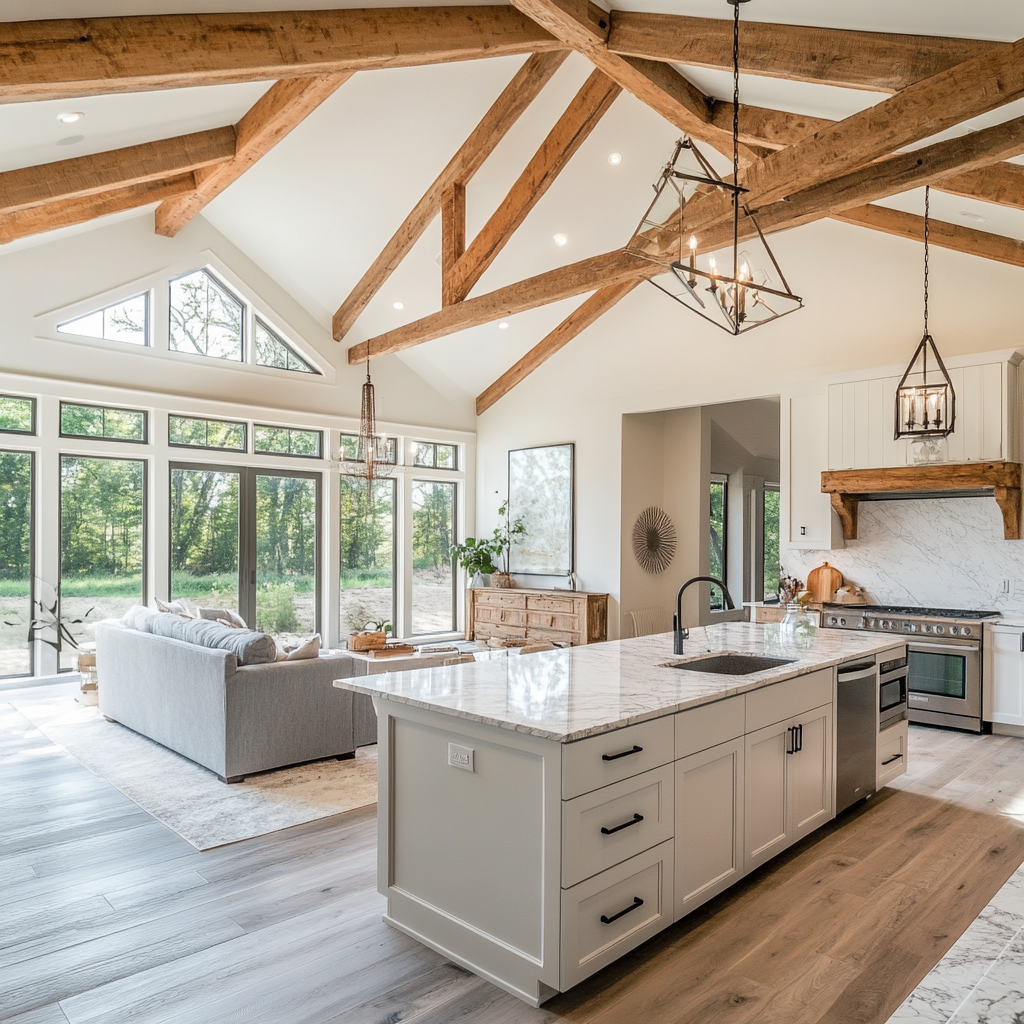 Open-concept 3-bedroom barndominium kitchen living area