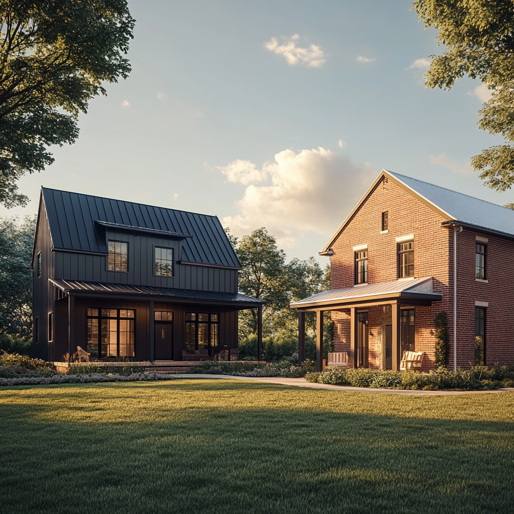 Barndominium vs Traditional House side-by-side at sunset
