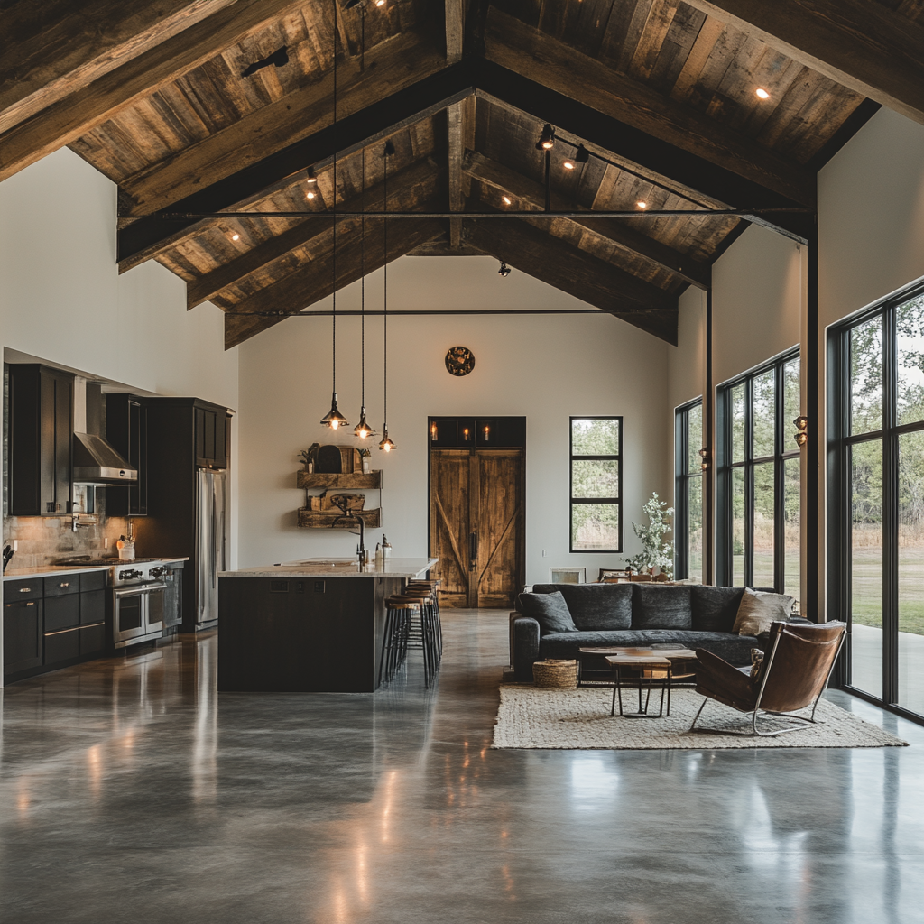 small barndominium layout living-kitchen