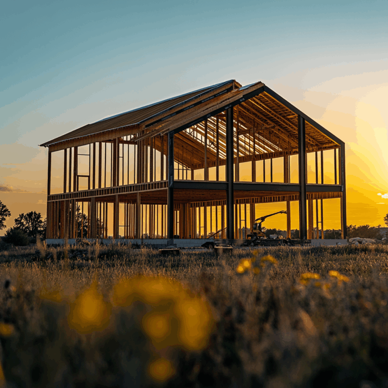 barndominium under construction at golden hour