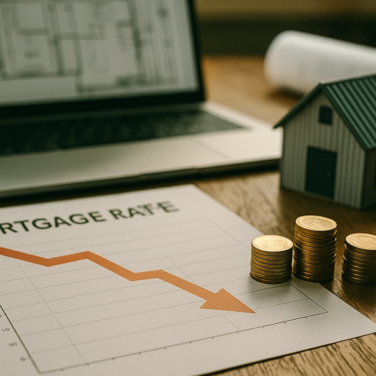 Printed mortgage-rate chart trending downward beside stacked coins and a miniature steel-sided barndominium model, with blueprints open on a laptop in the background.
